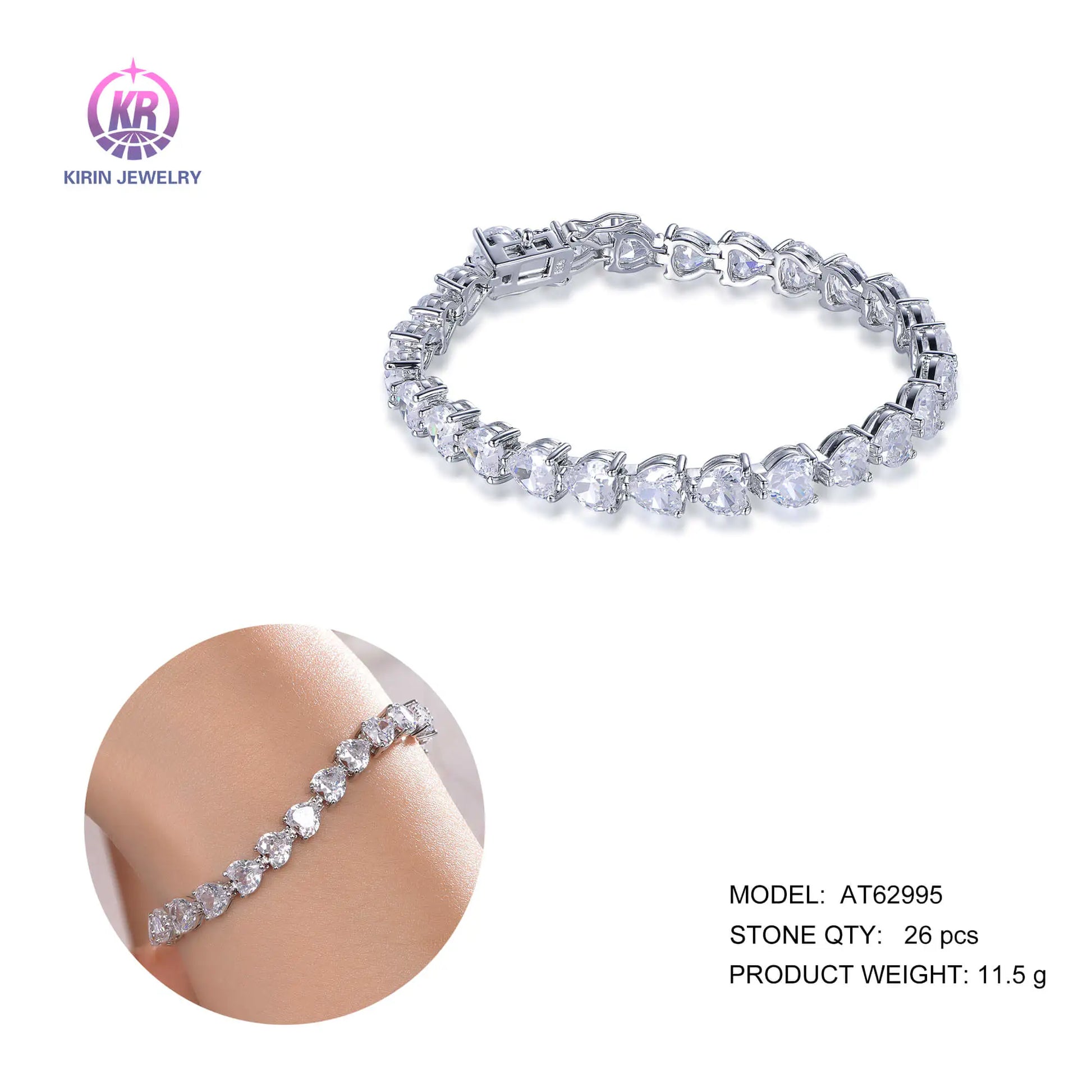 Wholesale 925 Silver Cubic Zircon Lab Created Diamond Heart Tennis Bracelet for Women