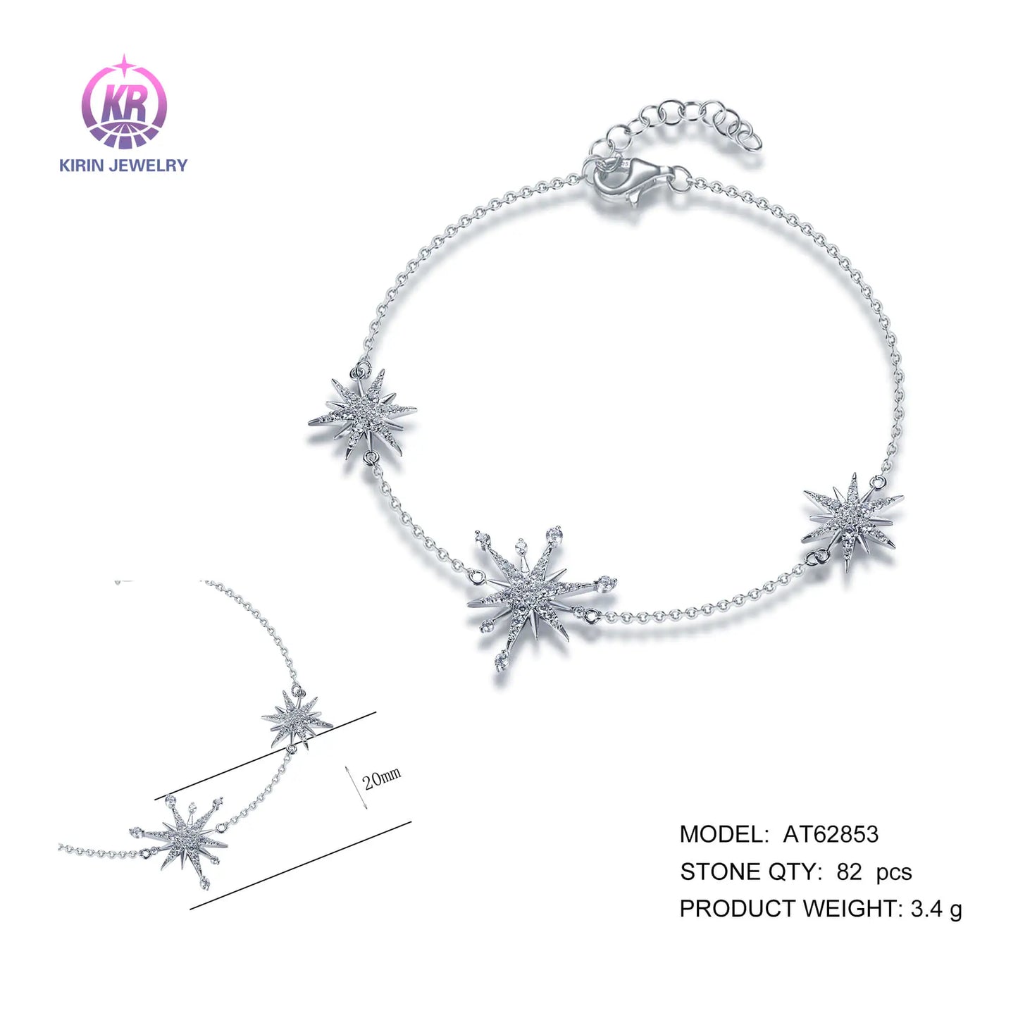 Wholesale 925 Silver Cubic Zircon Simple Starburst Rolo Chain Bracelet​ for Women
