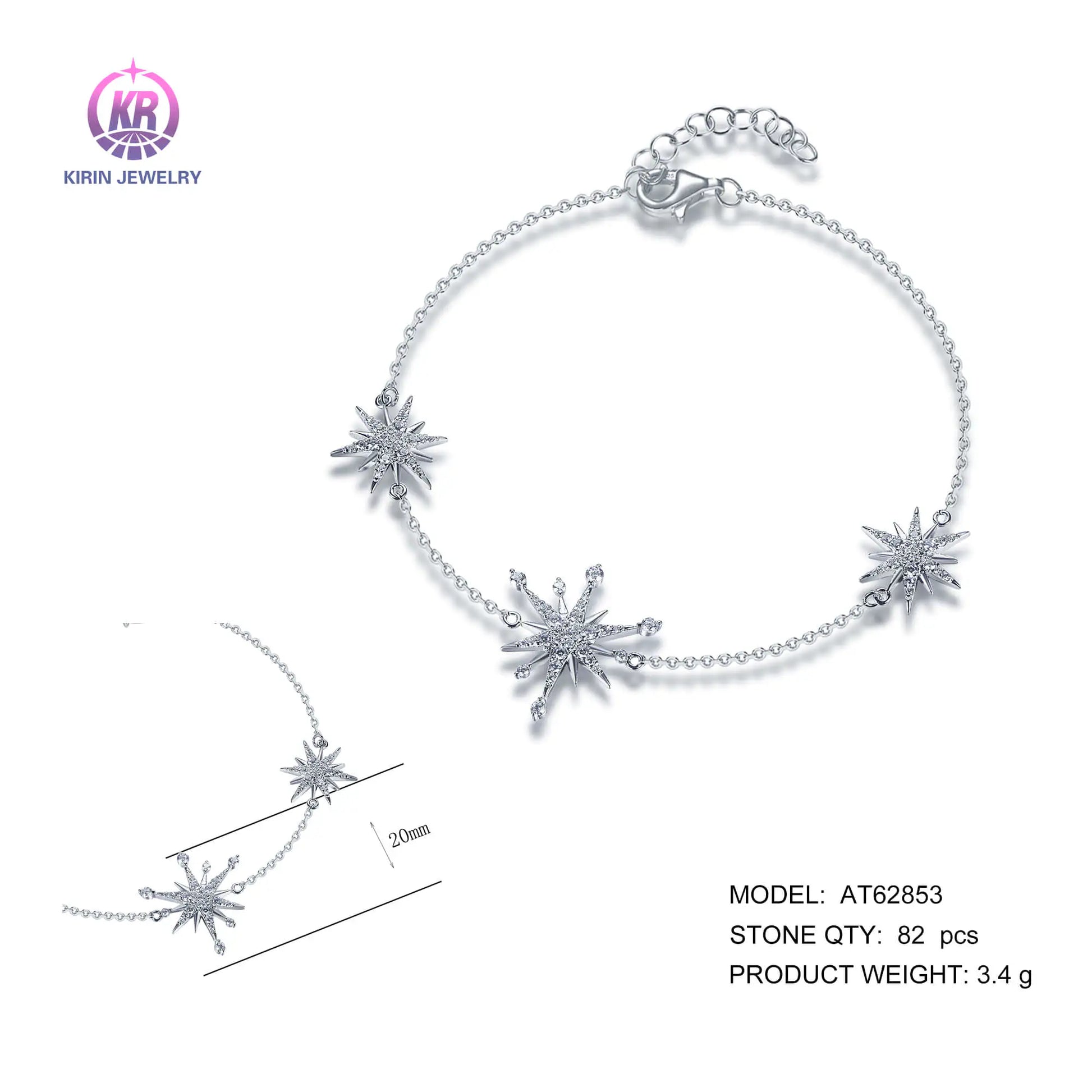 Wholesale 925 Silver Cubic Zircon Simple Starburst Rolo Chain Bracelet​ for Women