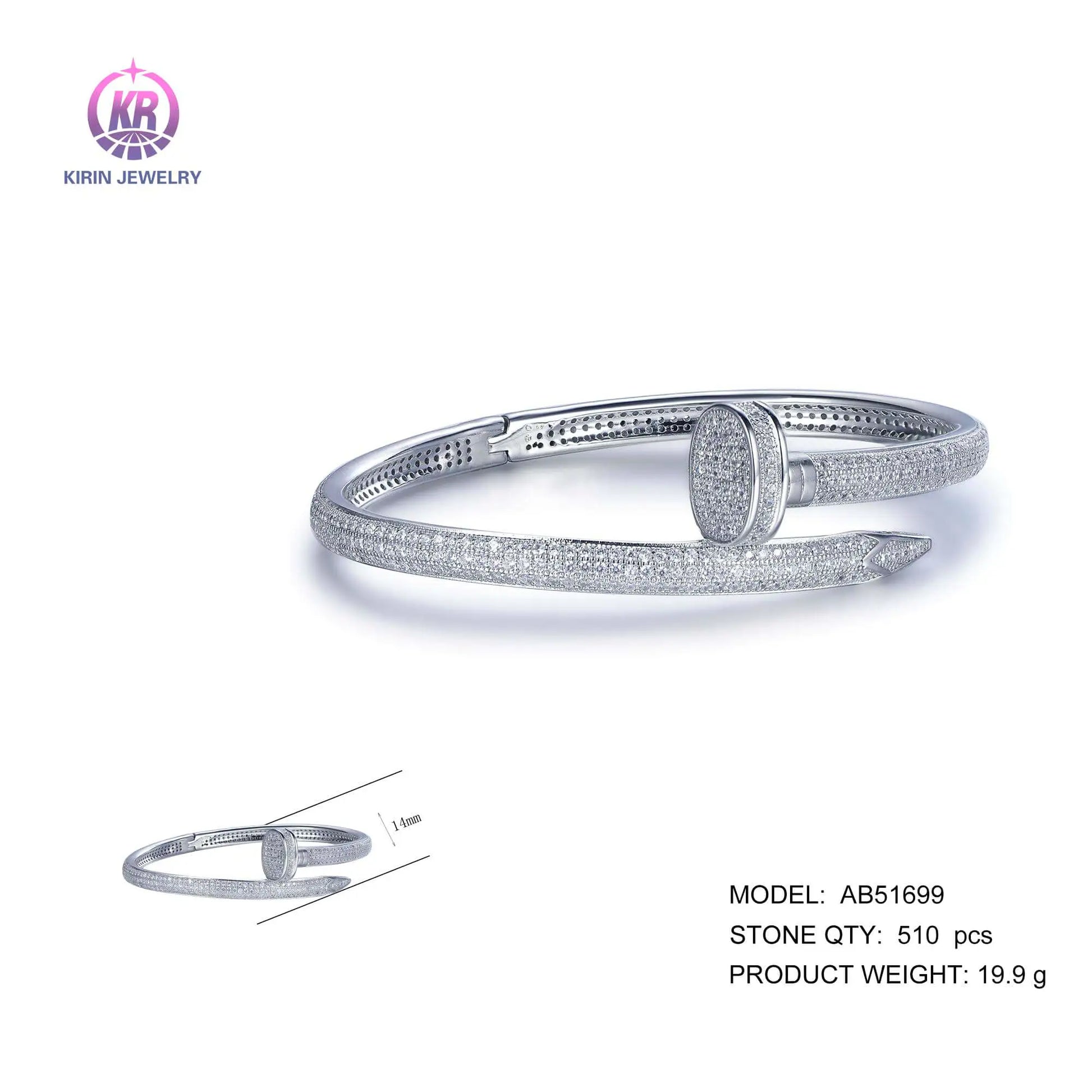 Wholesale 925 Silver Cubic Zircon Statement Nail Bangle Bracelet for Women
