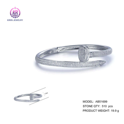 Wholesale 925 Silver Cubic Zircon Statement Nail Bangle Bracelet for Women
