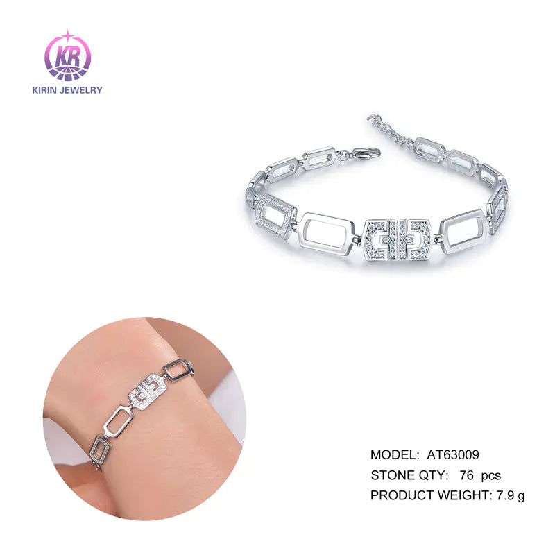 Wholesale 925 Silver Cubic Zircon Statement Rectangle Link Bracelet for Women