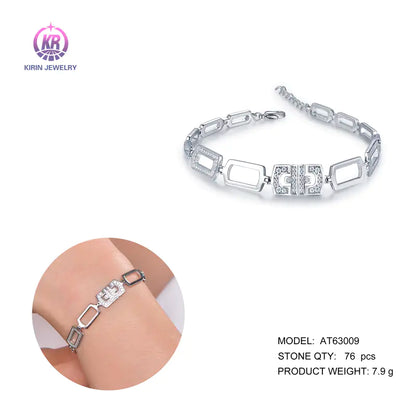 Wholesale 925 Silver Cubic Zircon Statement Rectangle Link Bracelet for Women
