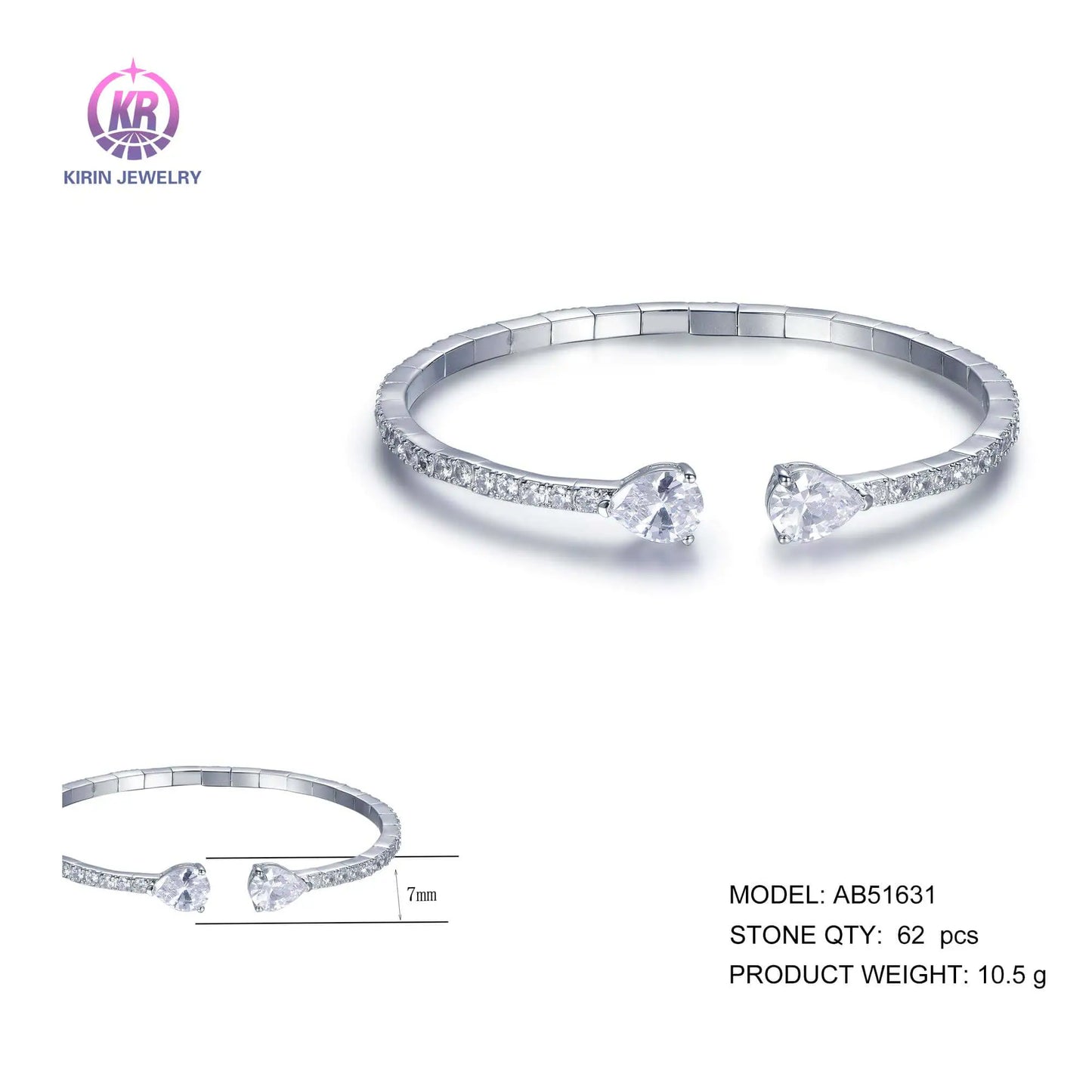 Wholesale 925 Silver Cubic Zircon Teardrop Cuff Bracelet Bangles for Women