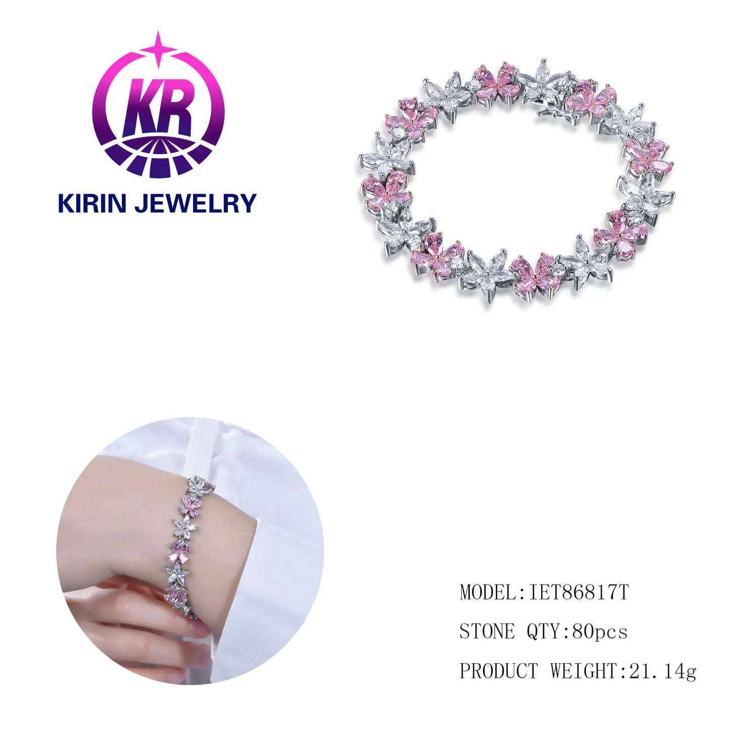 Wholesale 925 Silver Cubic Zircon White & Pink Flower Tennis Bracelet for Women