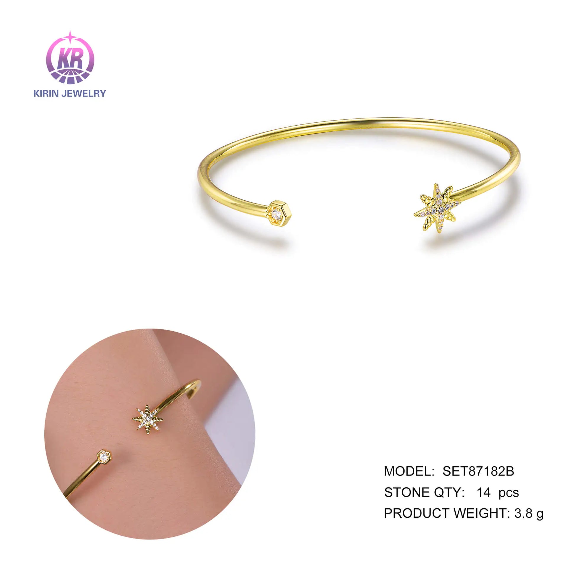 Wholesale 925 Silver Gold Plated CZ Adjustable Open Cuff Bangle for Women