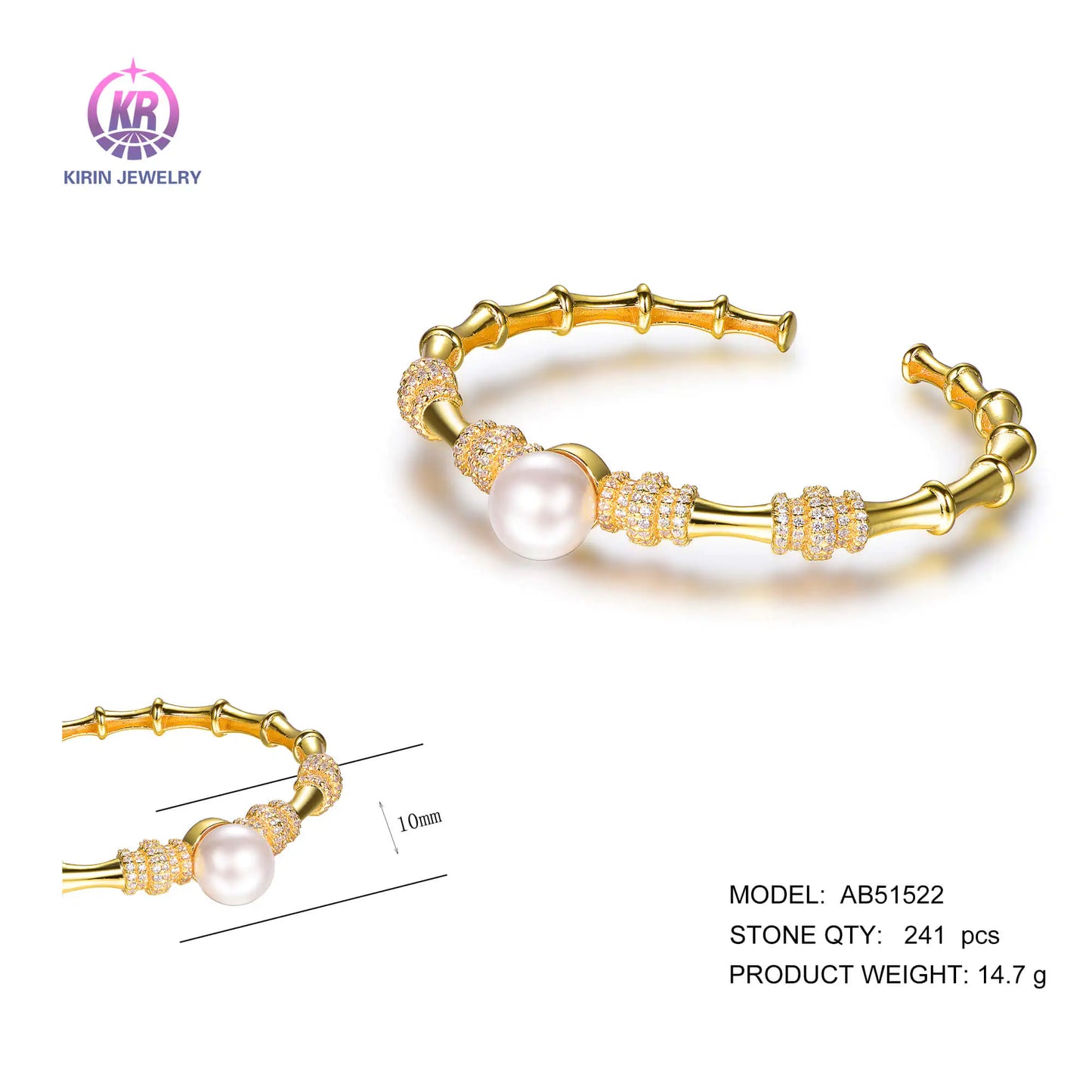 Wholesale 925 Silver Gold Plated CZ Bamboo Pearl Cuff Bangle for Women