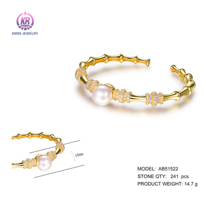 Wholesale 925 Silver Gold Plated CZ Bamboo Pearl Cuff Bangle for Women