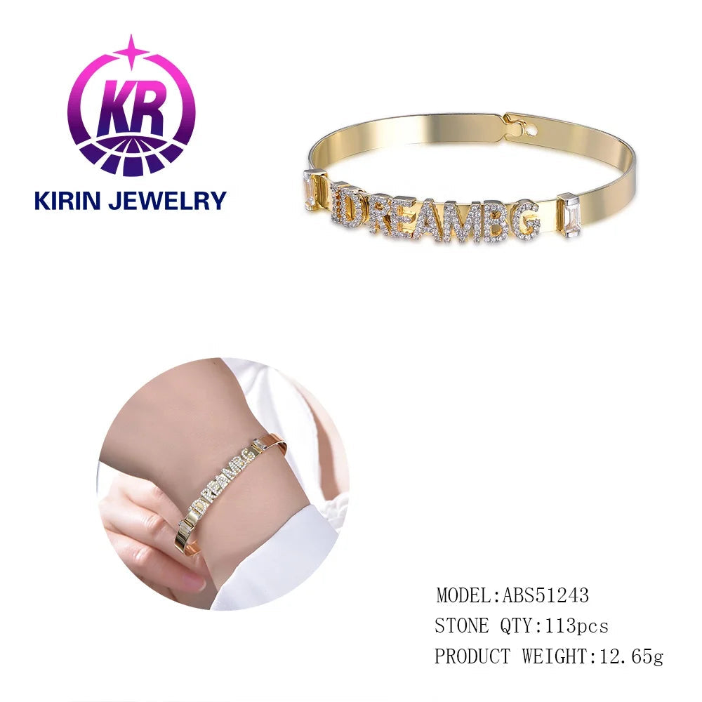 Wholesale 925 Silver Gold Plated CZ Letter Personalized Bangle Bracelet for Women