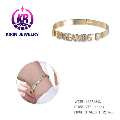 Wholesale 925 Silver Gold Plated CZ Letter Personalized Bangle Bracelet for Women