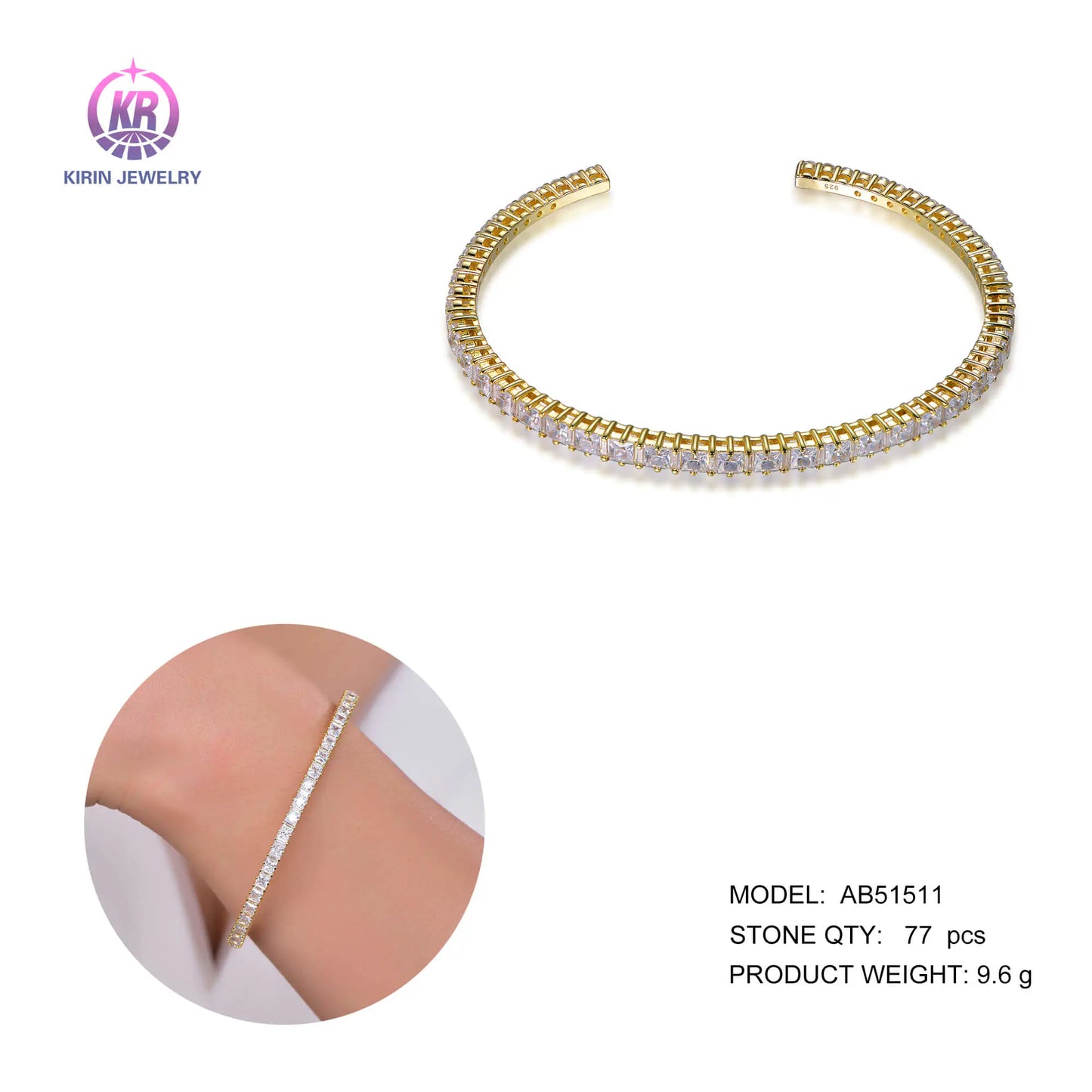 Wholesale 925 Silver Gold Plated CZ Open Flexible Tennis Bangle for Women