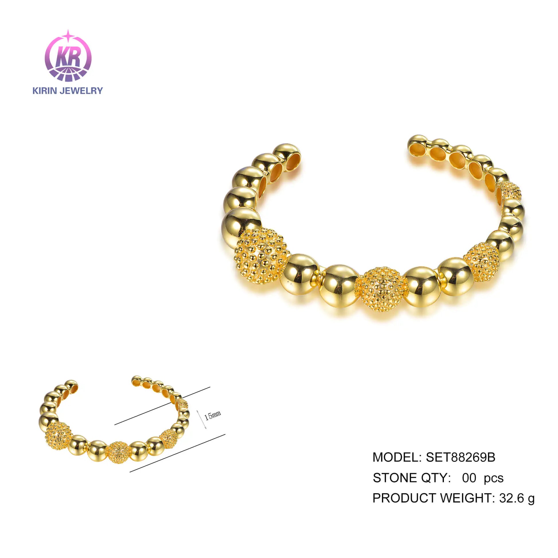 Wholesale 925 Silver Gold Plated Chunky Open Beaded Bangles for Women