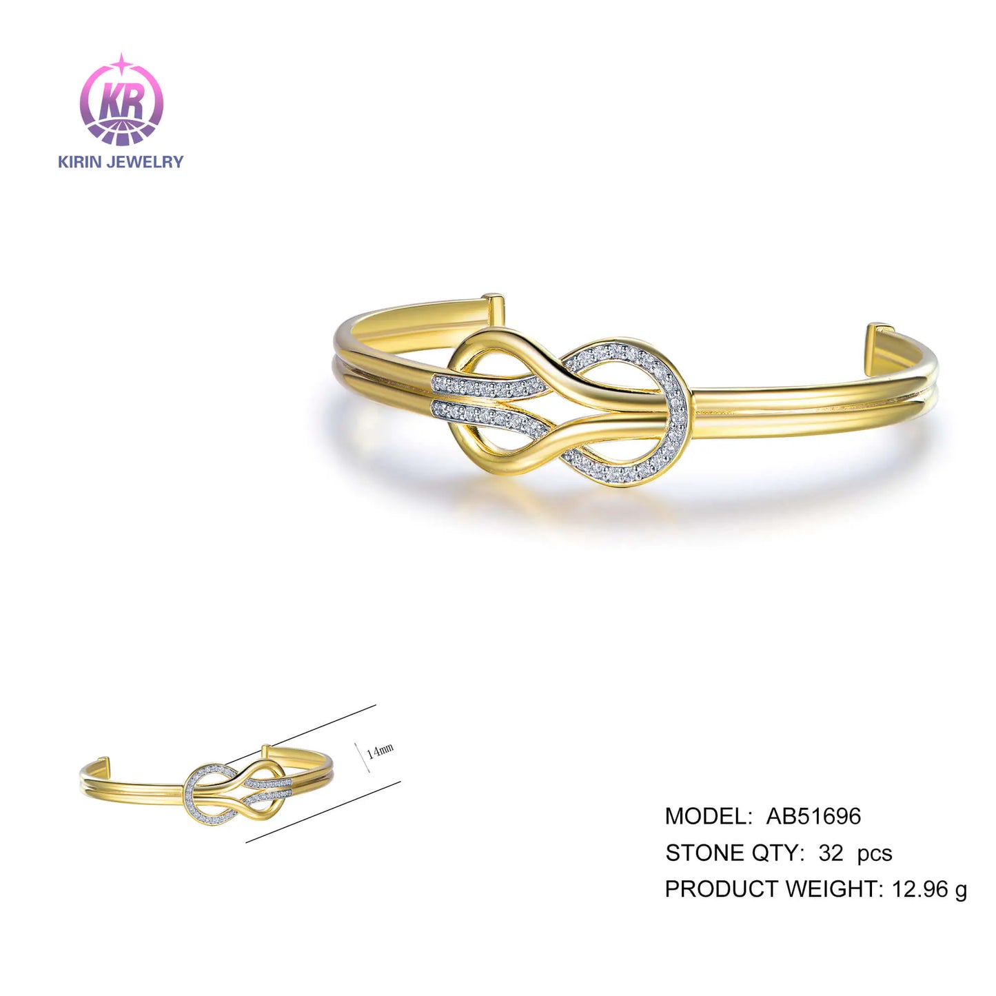 Wholesale 925 Silver Gold Plated Cubic Zircon Cuff Double Knot Bangle for Women