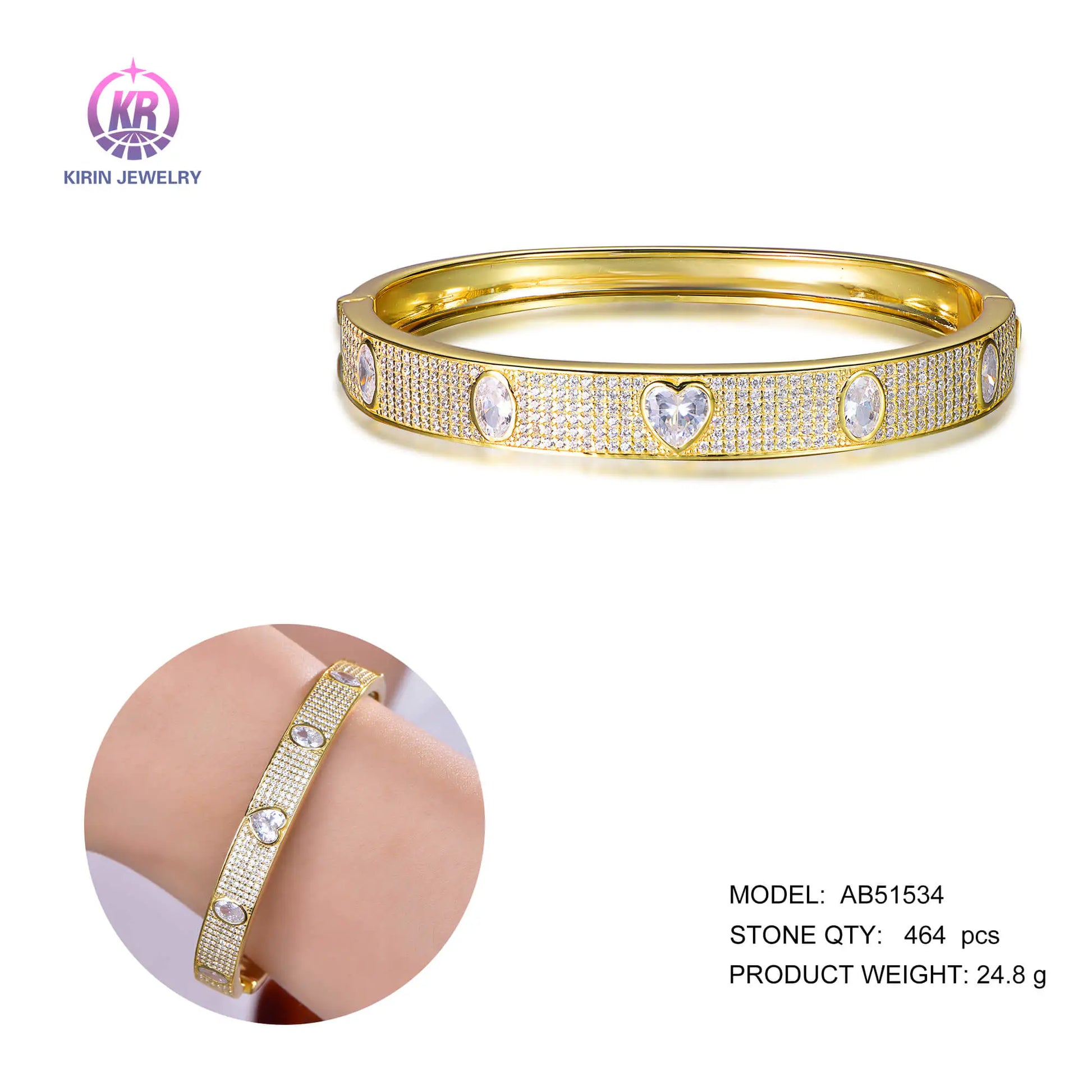 Wholesale 925 Silver Gold Plated Cubic Zircon Heart Diamond Bangle