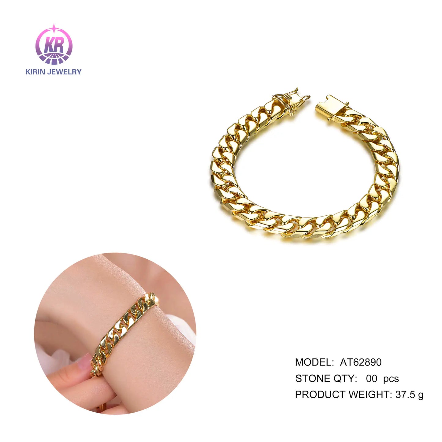 Wholesale 925 Silver Gold Plated Thick Link Chain Cuban Curb Bracelet for Women