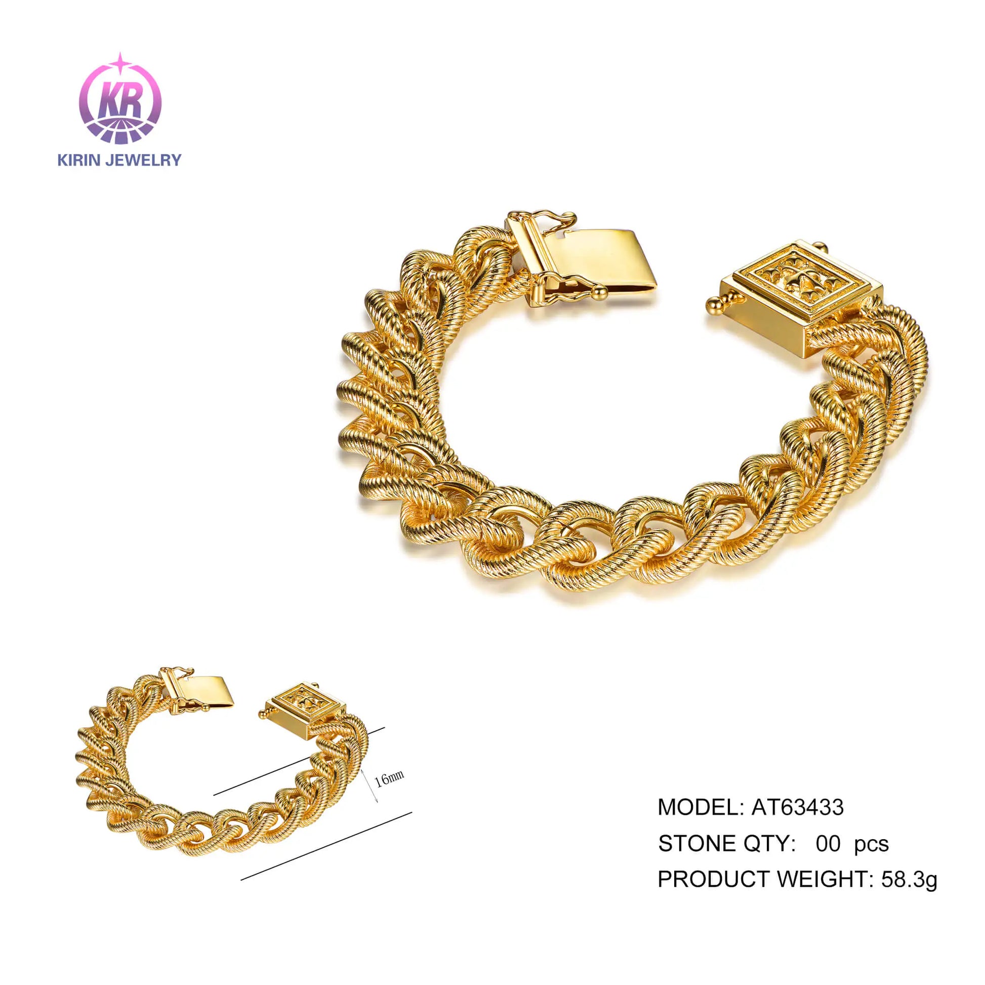 Wholesale 925 Silver Gold Plated Twisted Rope Cuban Curb Chain Bracelet for Women