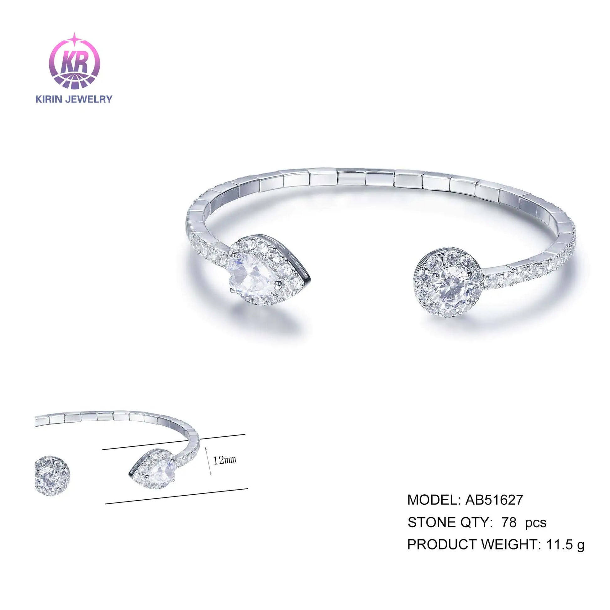 Wholesale 925 Silver Pear Round CZ Geometric Open Bangle Bracelets for Women