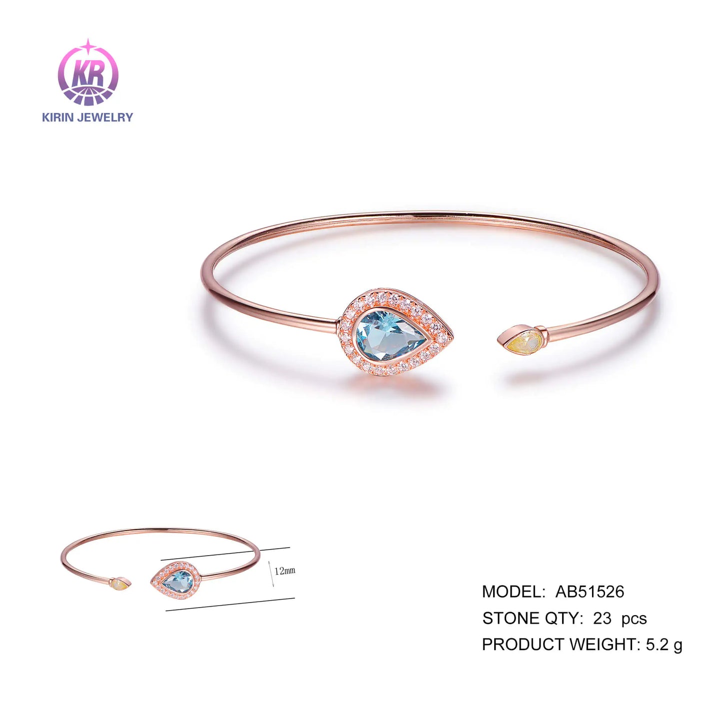 Wholesale 925 Silver Rose Gold Plated CZ & Glass Open Thin Bangles for Women