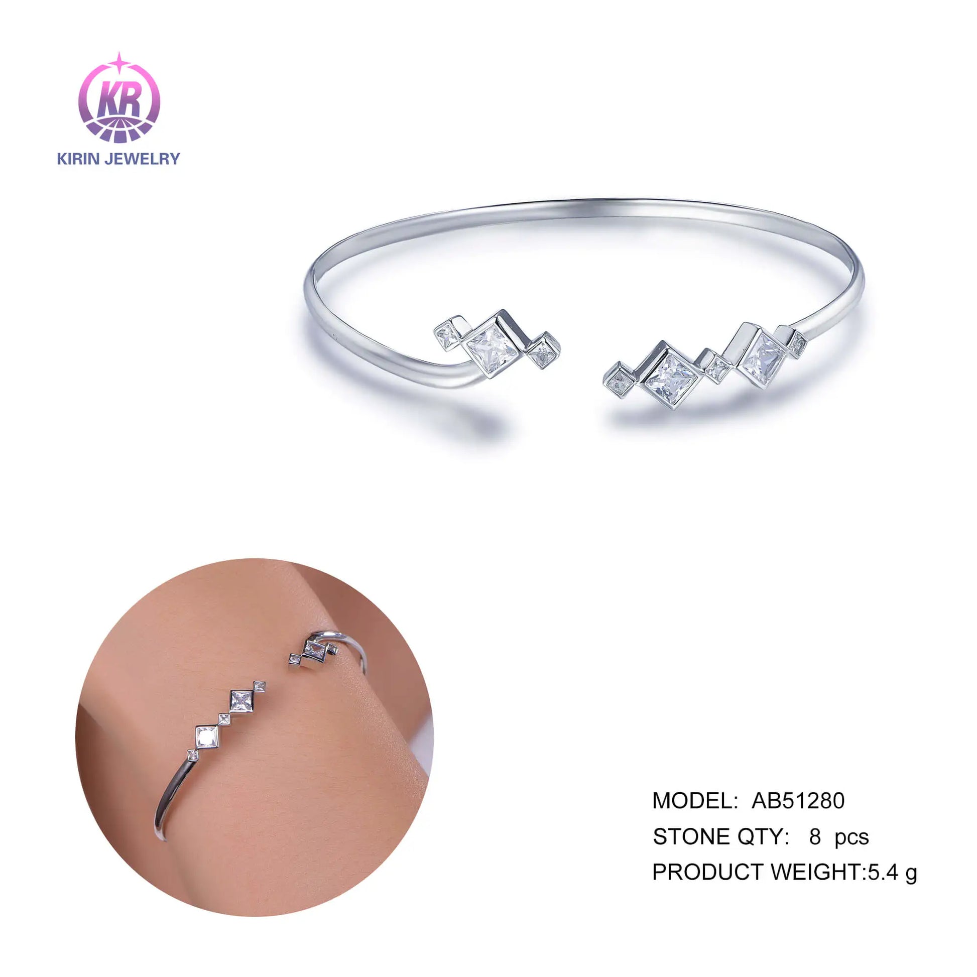 Wholesale 925 Silver Square Cubic Zircon Open Simple Design Bangles for Women