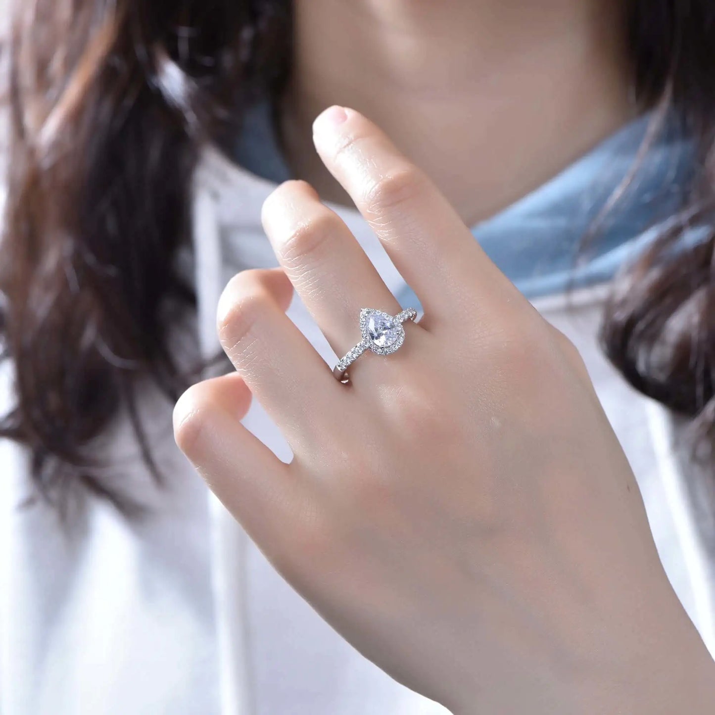 Wholesale Adjustable Half Eternity Halo Pear Cut Engagement Ring for Women