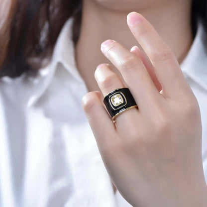 Wholesale Black Enamel Cushion CZ Chunky Engagement Rings for Women