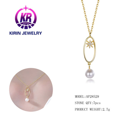 Wholesale Customized Gold Plated Pearl & 3A White Cubic Zirconia Jewelry Star Pearl Pendant Necklace Kirin Jewelry