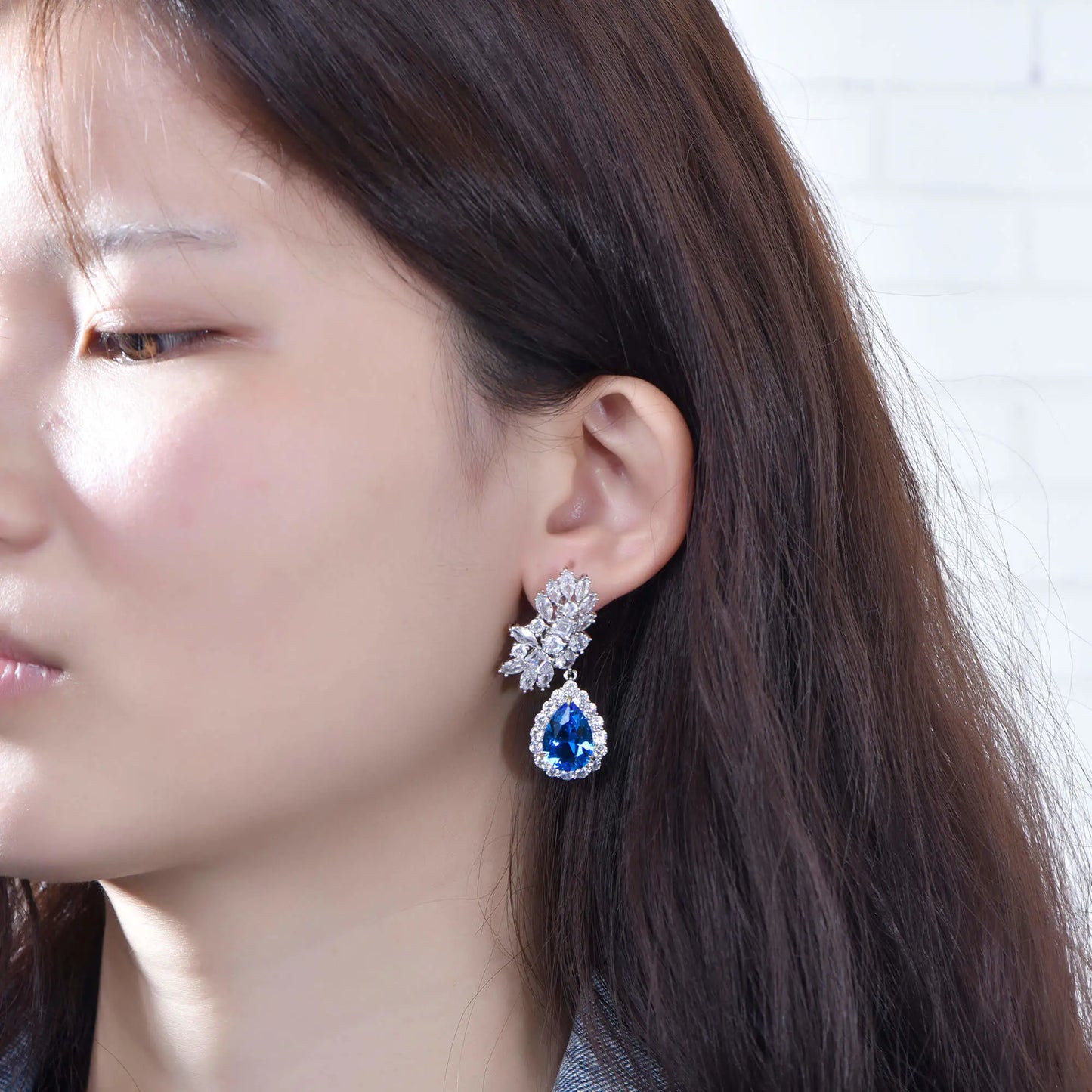 Wholesale Floral Cluster Lab Sapphire Teardrop Dangle Earrings for Women