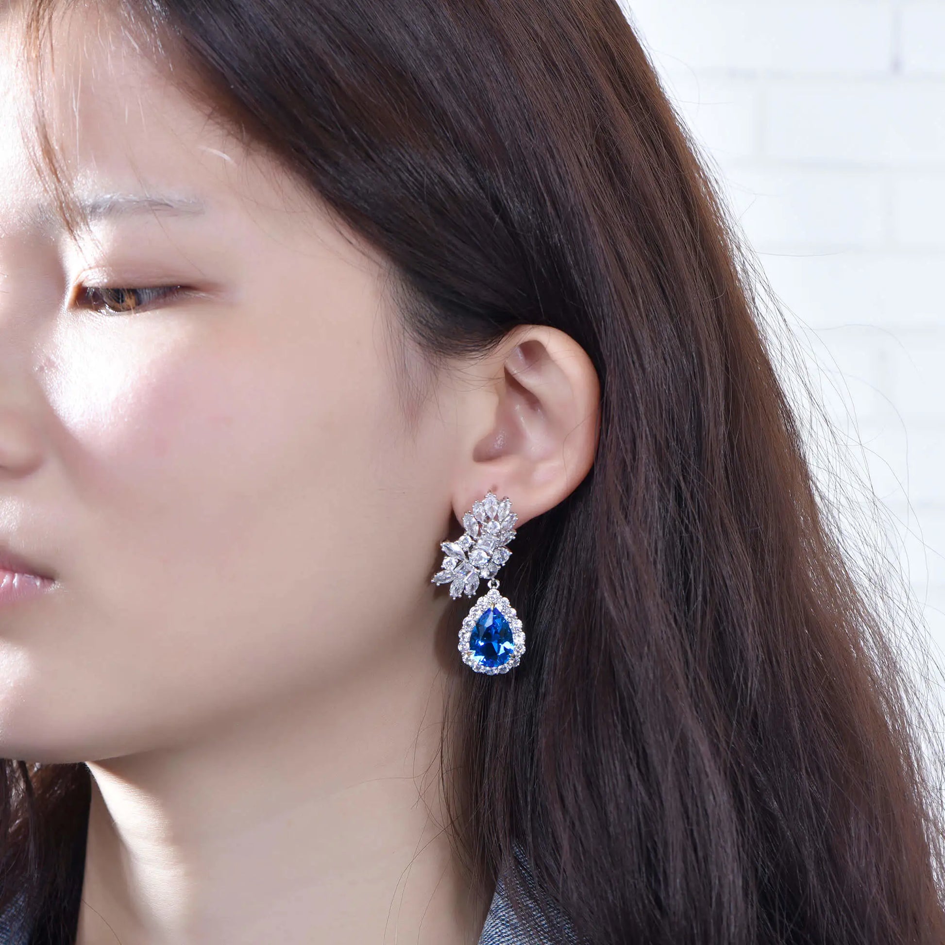 Wholesale Floral Cluster Lab Sapphire Teardrop Dangle Earrings for Women