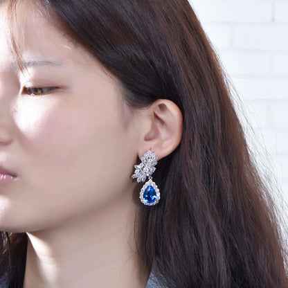 Wholesale Floral Cluster Lab Sapphire Teardrop Dangle Earrings for Women