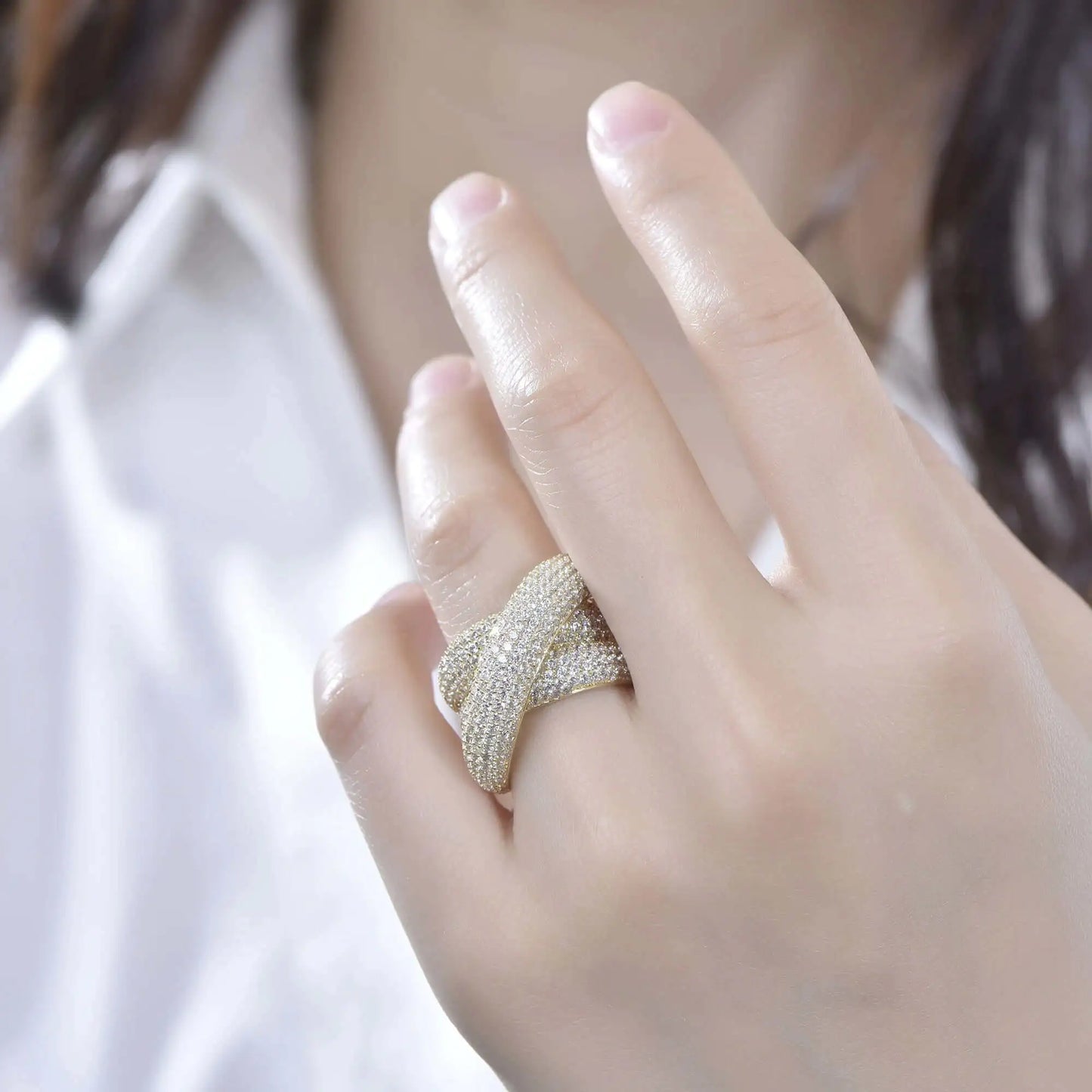 Wholesale Pave CZ Crossover Statement Thick Band Engagement Ring for Women