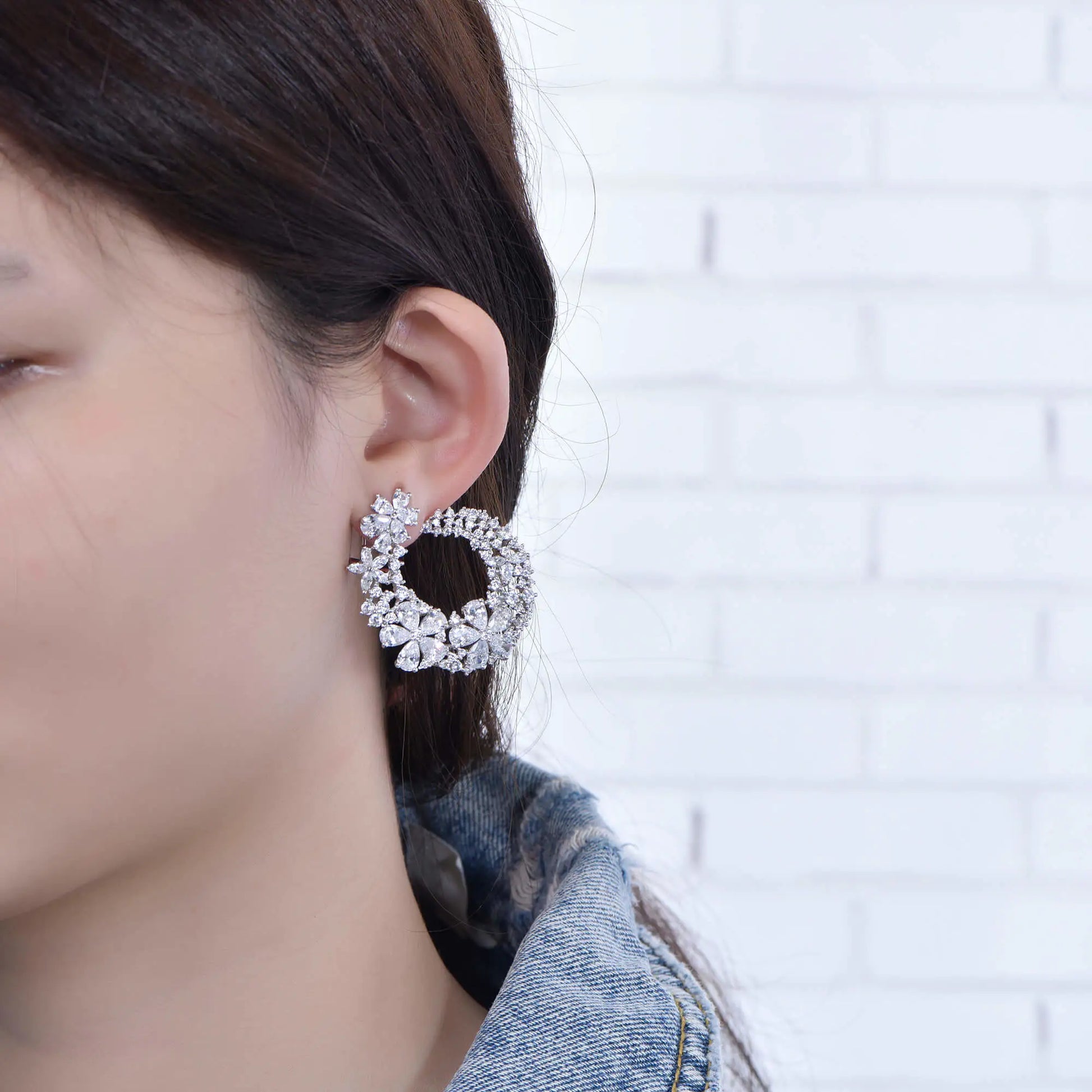 Wholesale Paved Flower Design Semi-Hoop Statement Earrings for Women