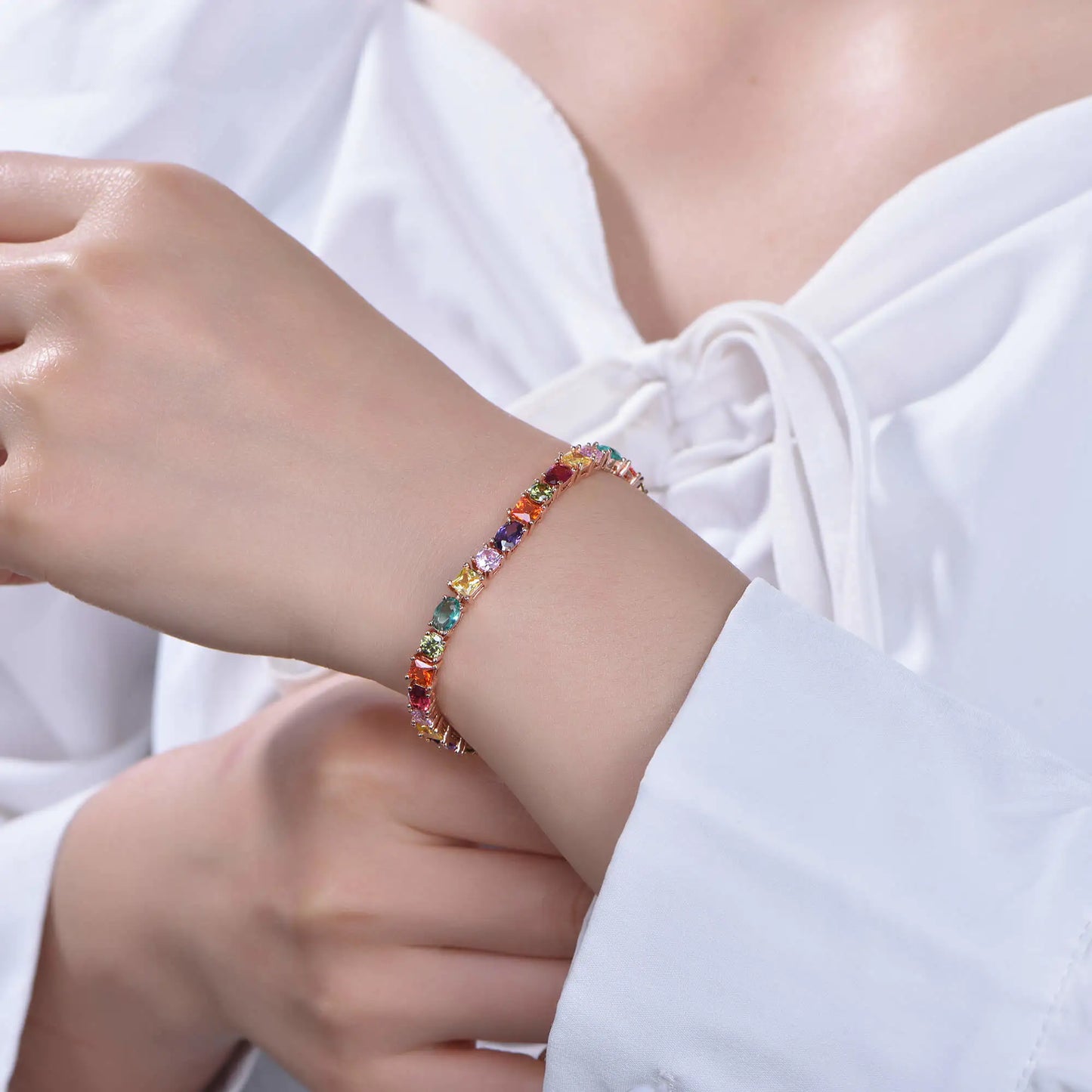 Wholesale Rose Gold Plated Mixed Cut Multi Gem Tennis Bracelet for Women