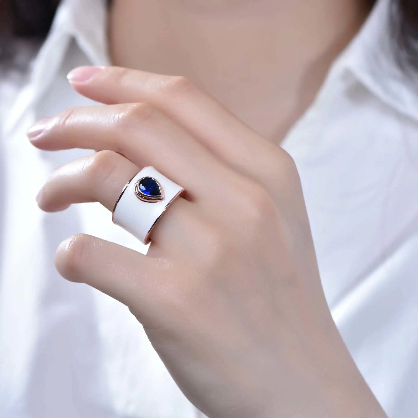 Wholesale Rose Gold Plated Pear Blue Sapphire Engagement Ring for Women