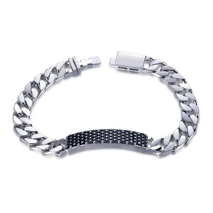 Wholesale Silver Black Enamel Bar Cuban Link Chain Chunky Statement Bracelet