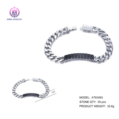 Wholesale Silver Black Enamel Bar Cuban Link Chain Chunky Statement Bracelet for Women