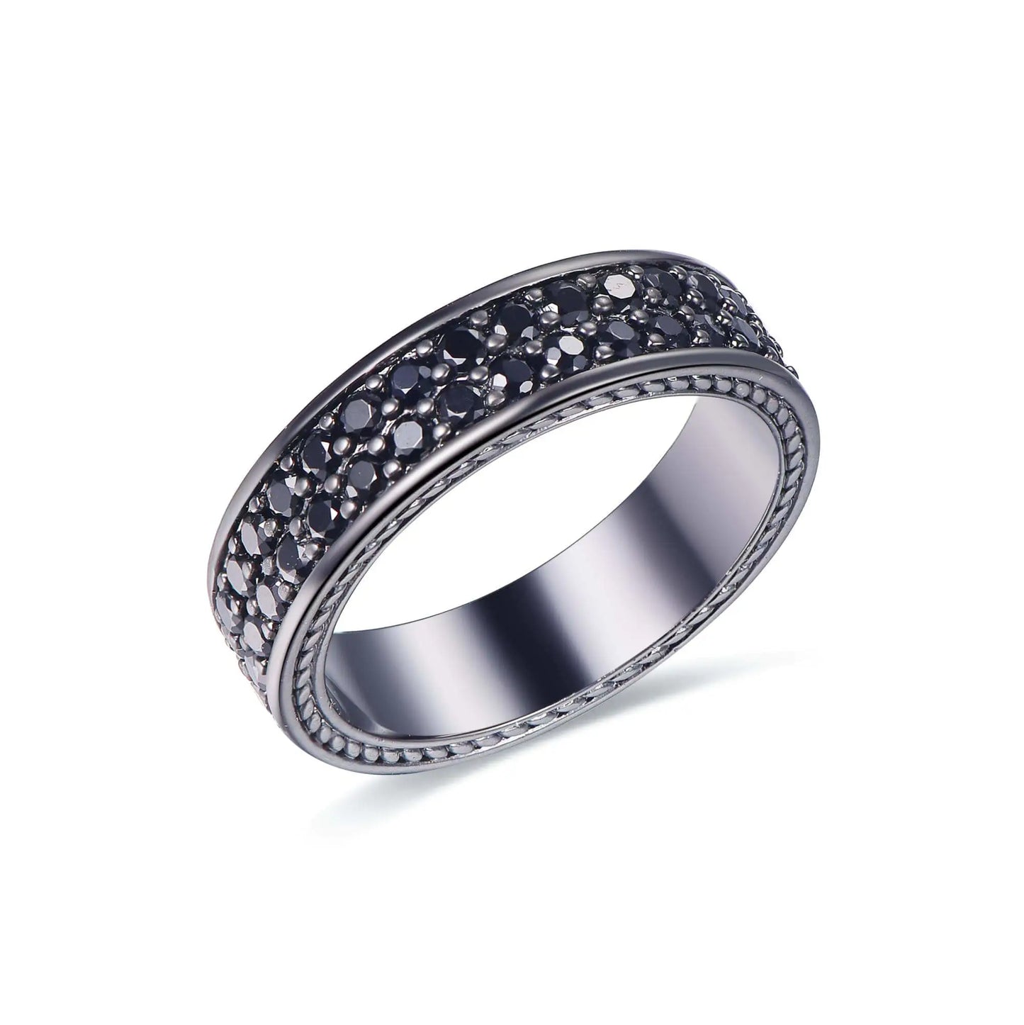 Wholesale Silver Black Plated Round Cut Black Nano 2 Row Eternity Pave Band Ring
