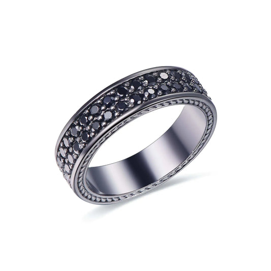 Wholesale Silver Black Plated Round Cut Black Nano 2 Row Eternity Pave Band Ring