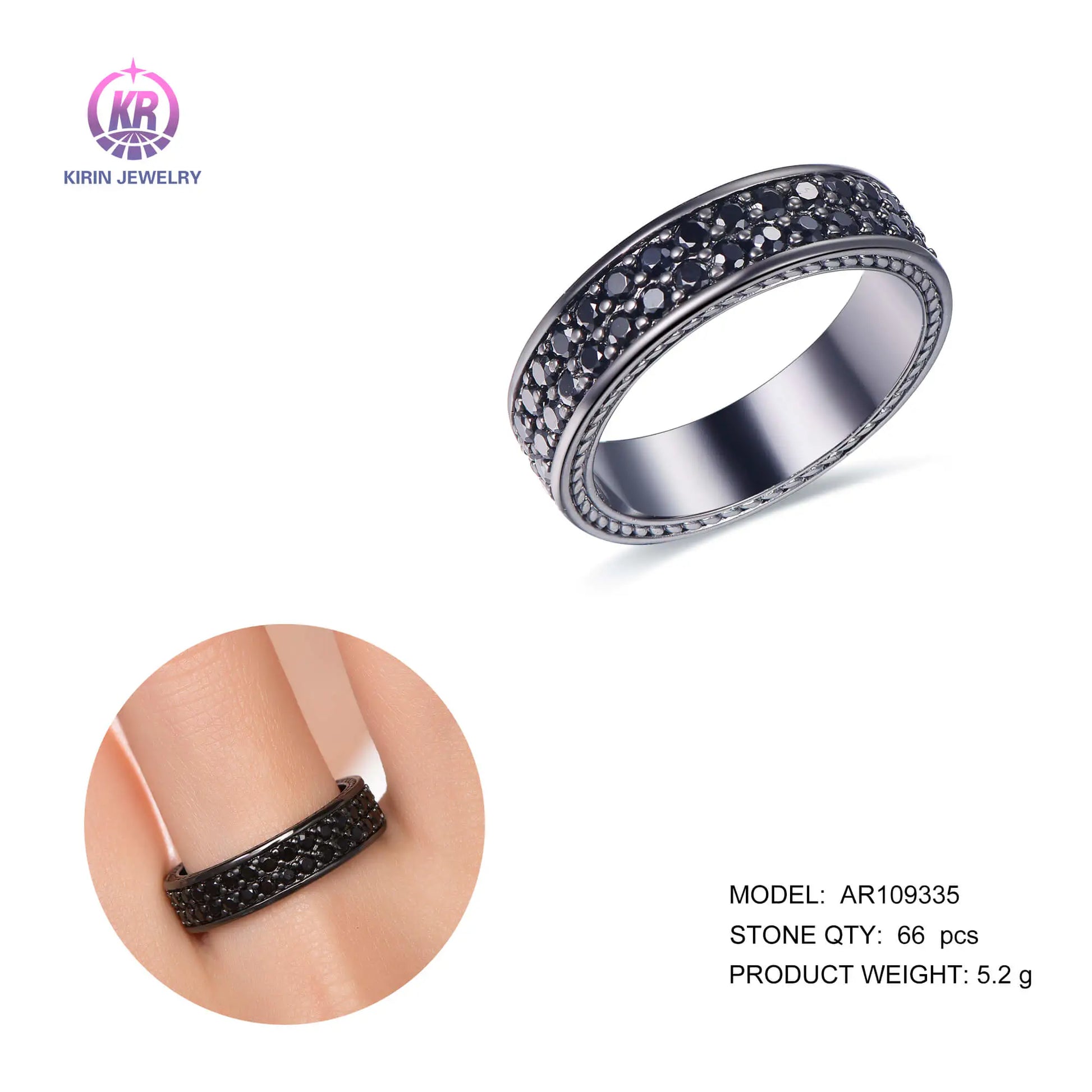 Wholesale Silver Black Plated Round Cut Black Nano 2 Row Eternity Pave Band Ring for Women