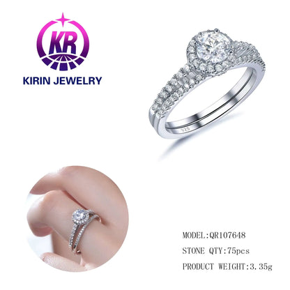 Wholesale Silver CZ 2 Piece Set Lab Grown Diamond Round Halo Engagement Rings for Women