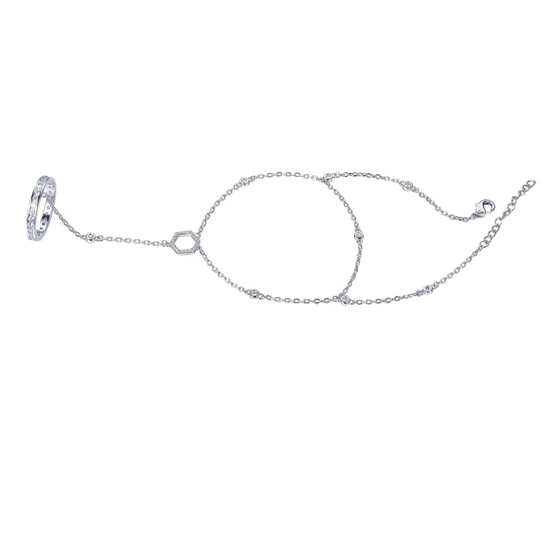 Wholesale Silver CZ Adjustable Hand Chain Ring Bracelet