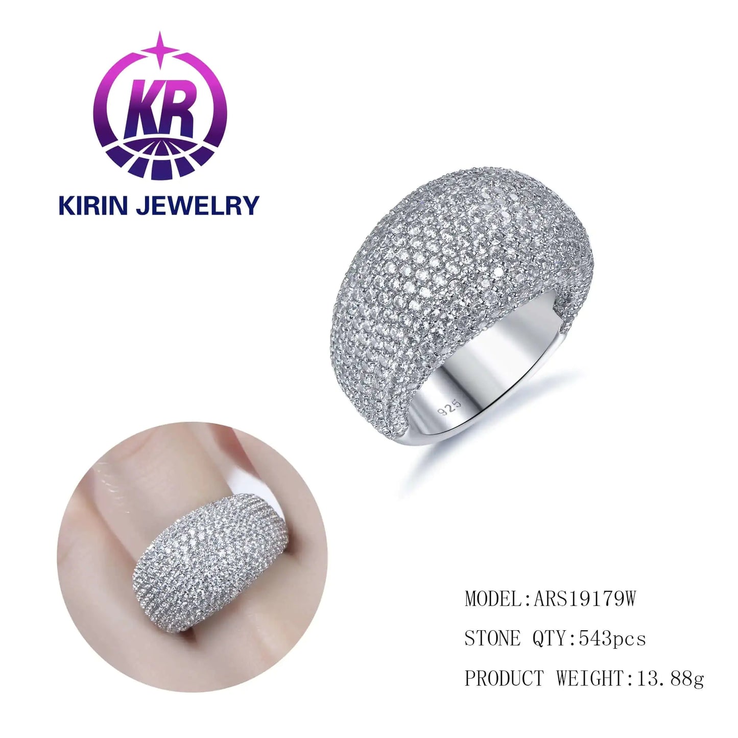 Wholesale Silver CZ Chunky Cluster Half Eternity Engagement Diamond Dome Ring for Women
