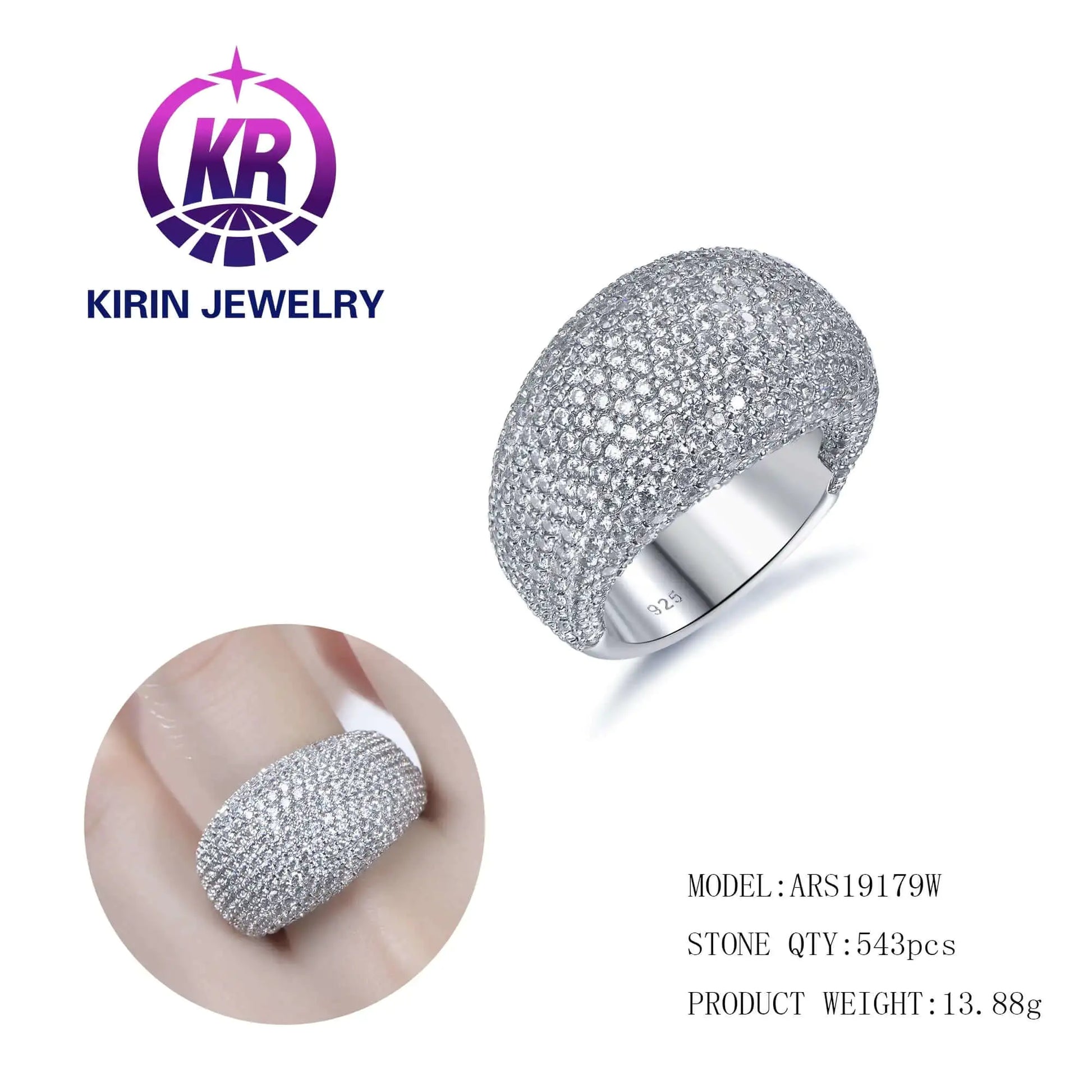Wholesale Silver CZ Chunky Cluster Half Eternity Engagement Diamond Dome Ring for Women