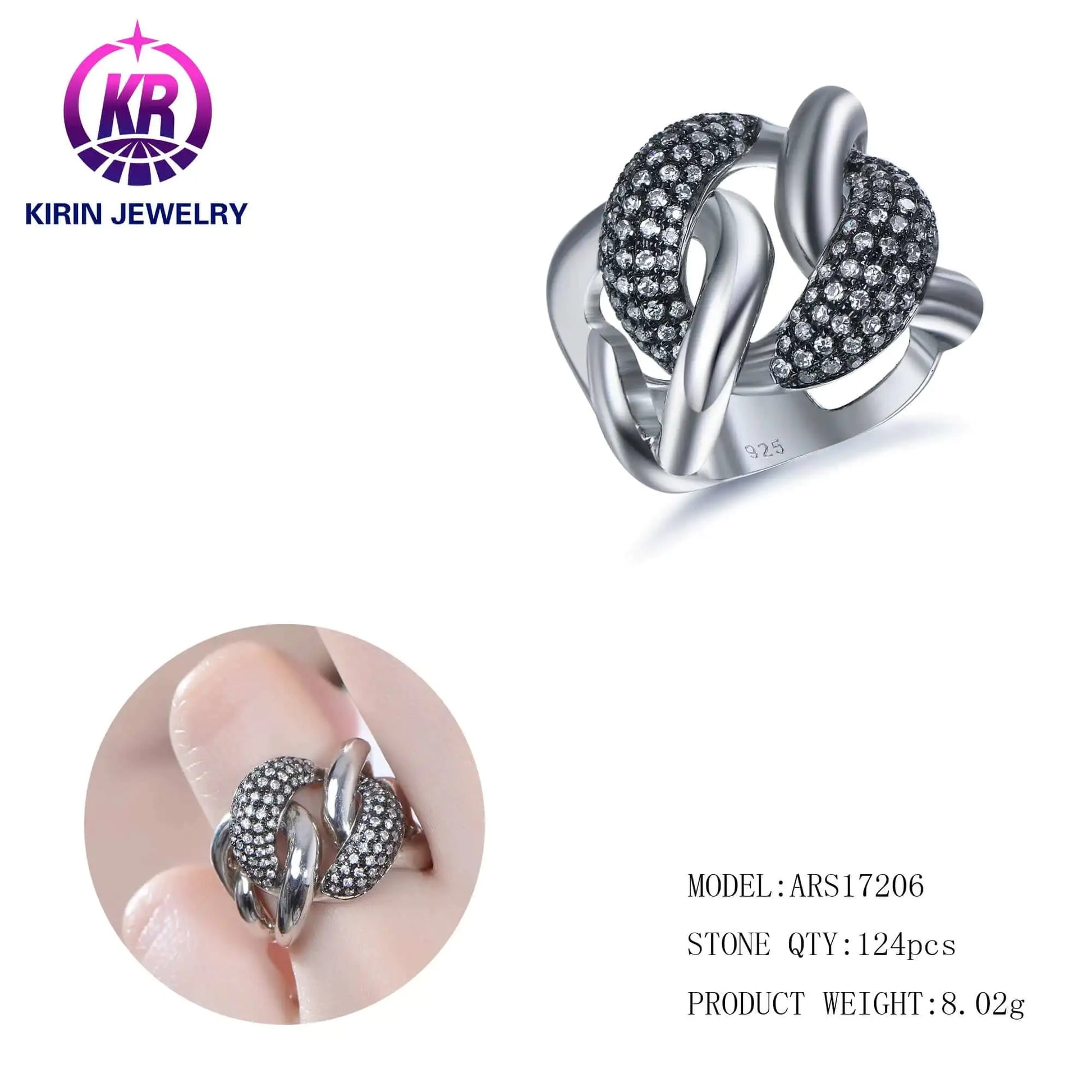 Wholesale Silver CZ Chunky Statement Engagement Double Color Chain Link Ring for Women