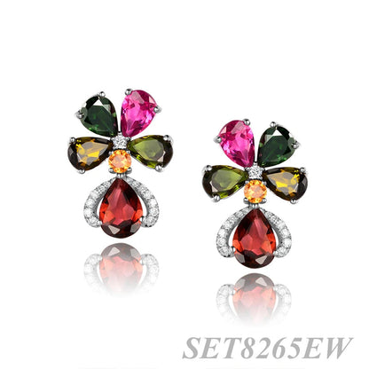 Wholesale Silver CZ & Corundum Colorful Flower Earrings Teardrop Jewelry Set