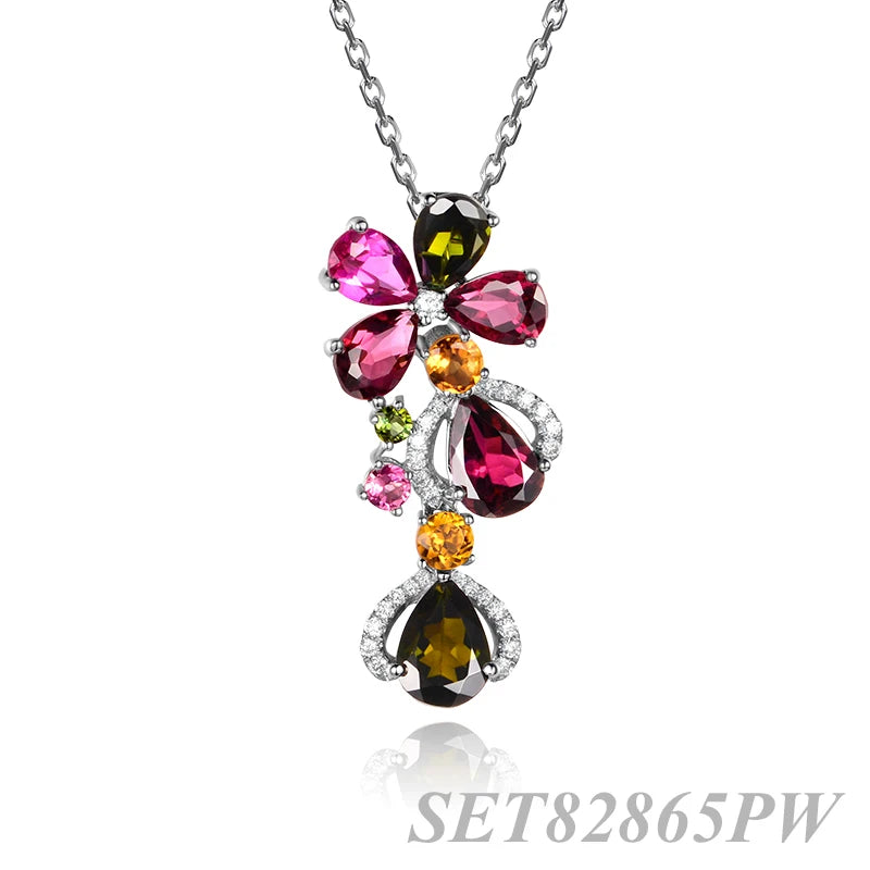 Wholesale Silver CZ & Corundum Colorful Flower Necklace Teardrop Jewelry Set