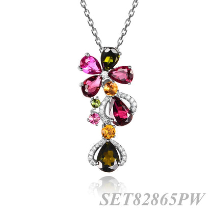 Wholesale Silver CZ & Corundum Colorful Flower Necklace Teardrop Jewelry Set