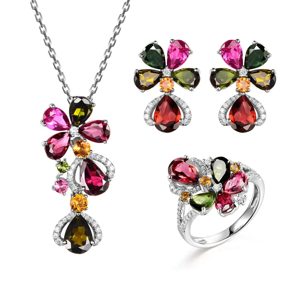 Wholesale Silver CZ & Corundum Colorful Flower Teardrop Jewelry Set