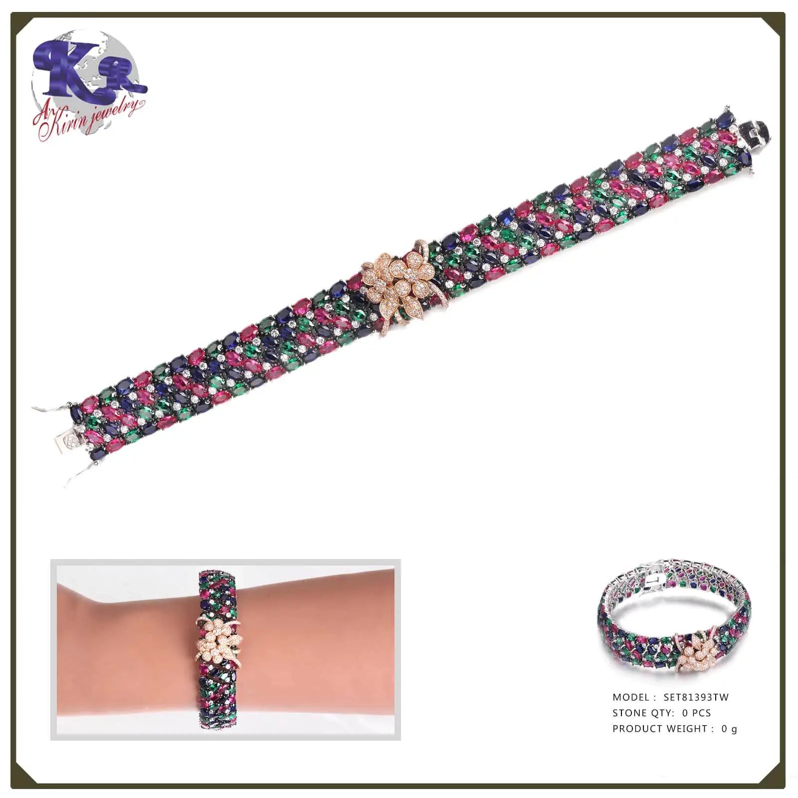 Wholesale Silver CZ & Corundum Colorful Gem Bracelet Flower Bridal Jewelry Sets