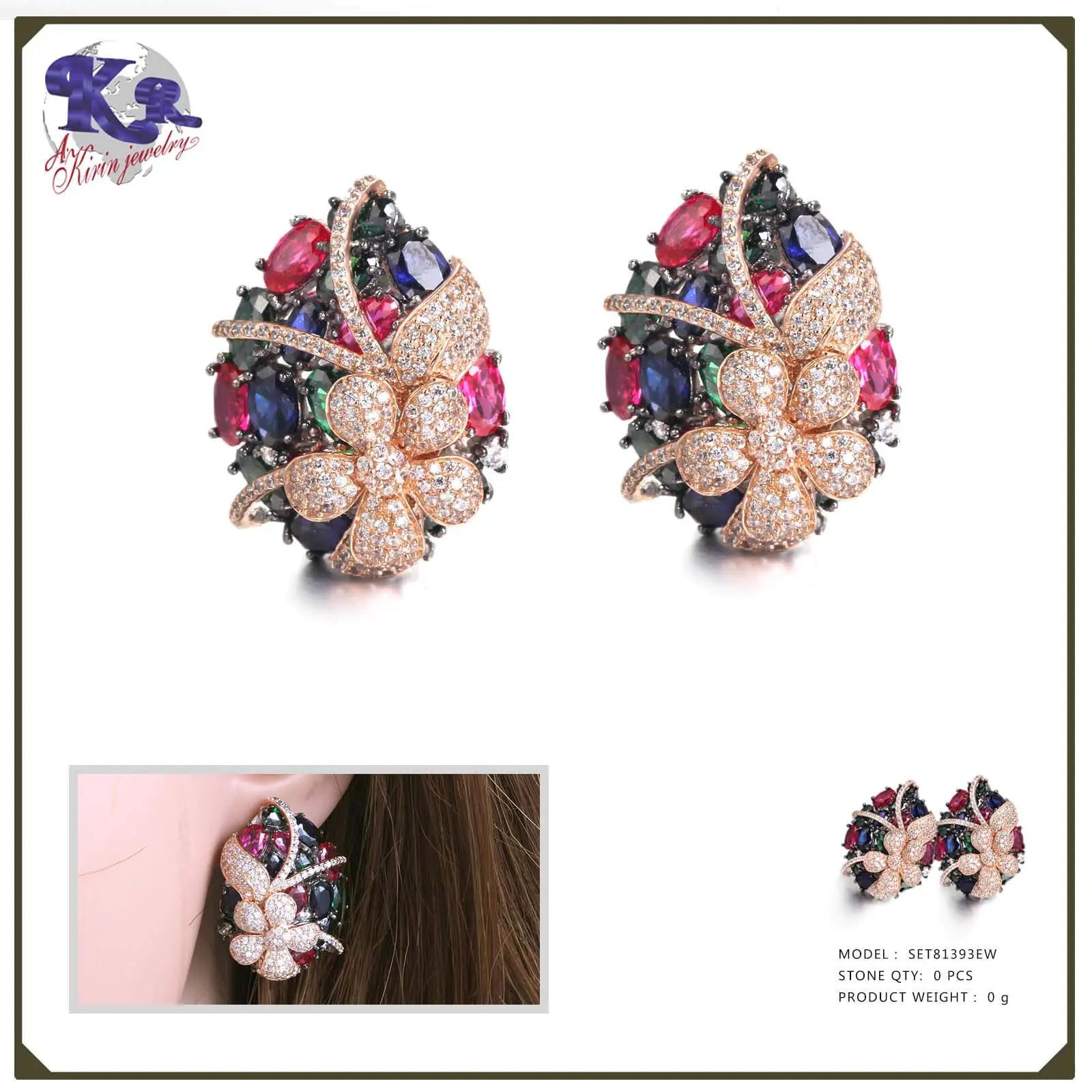 Wholesale Silver CZ & Corundum Colorful Gem Earring Flower Bridal Jewelry Sets