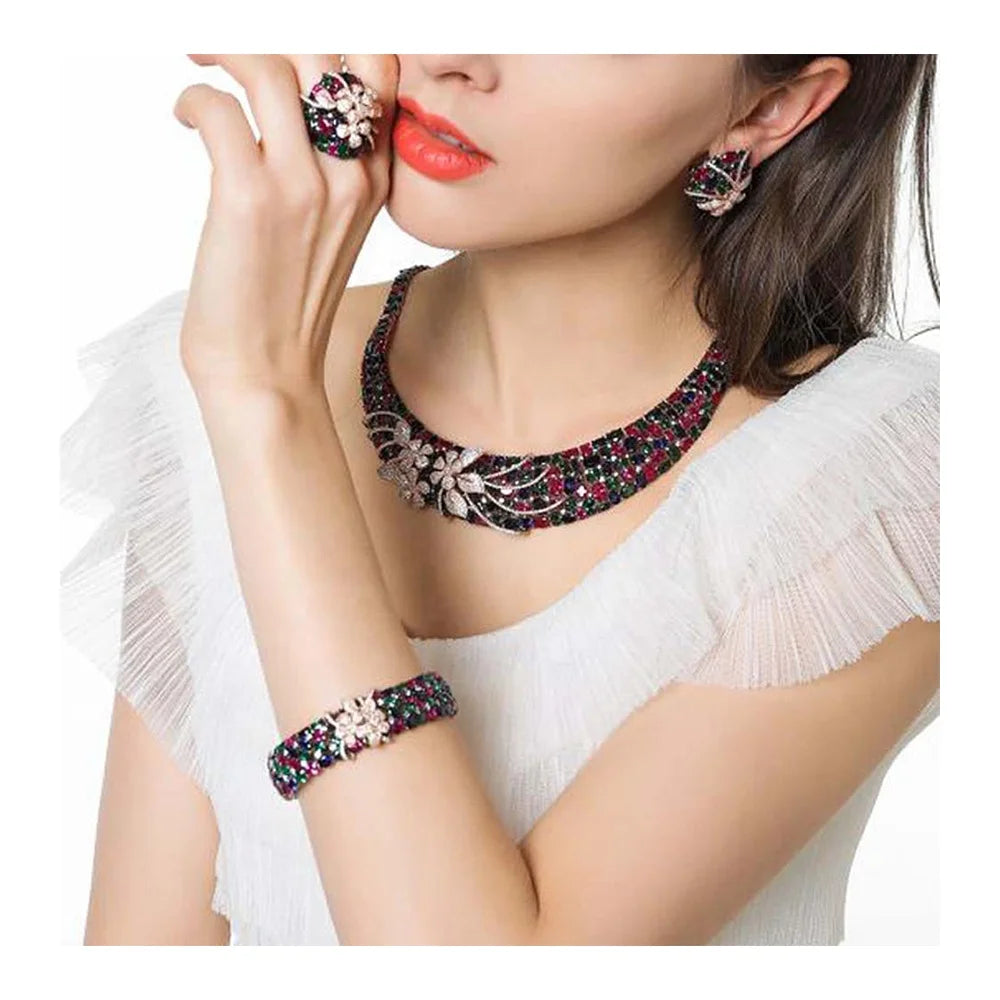 Wholesale Silver CZ & Corundum Colorful Gem Flower Bridal Jewelry Sets